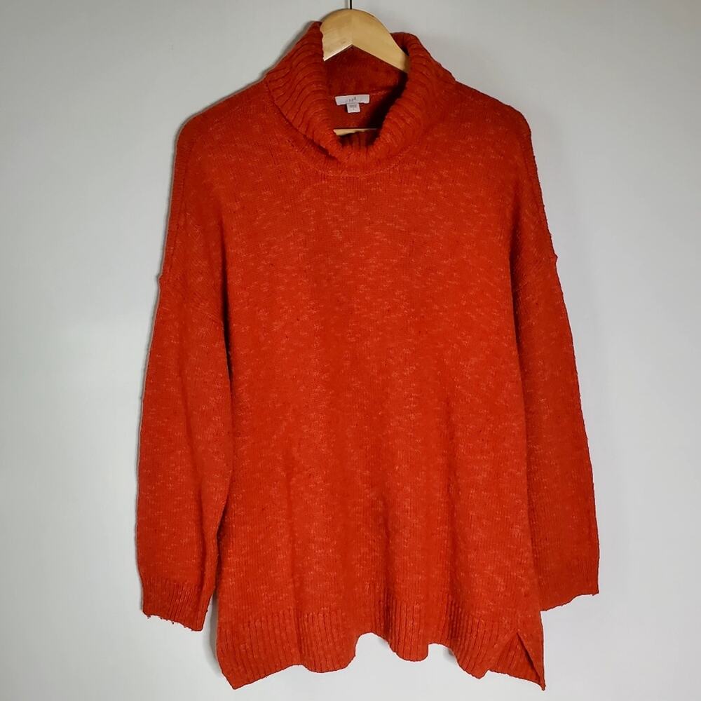 J Jill Cabin Mixed Tweed Sweater Red chili cowl neck tunic length Size Large